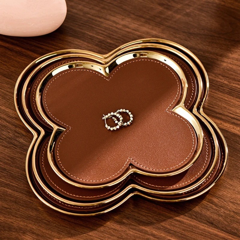 Leather Jewelry Storage Tray Ceramic Decoration Organizer Clover Plate Earrings Ring Display Trays Aesthetic Trinket Holders