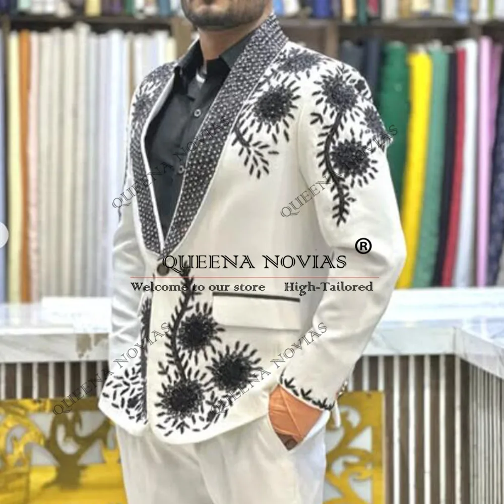 Luxe Kralen Steentjes Pakken Mannen Slim Fit Jas Broek 2 Stuk Sets Bruidegom Formele Feestjurken Man Bruiloft Tuxedo prom Blazer