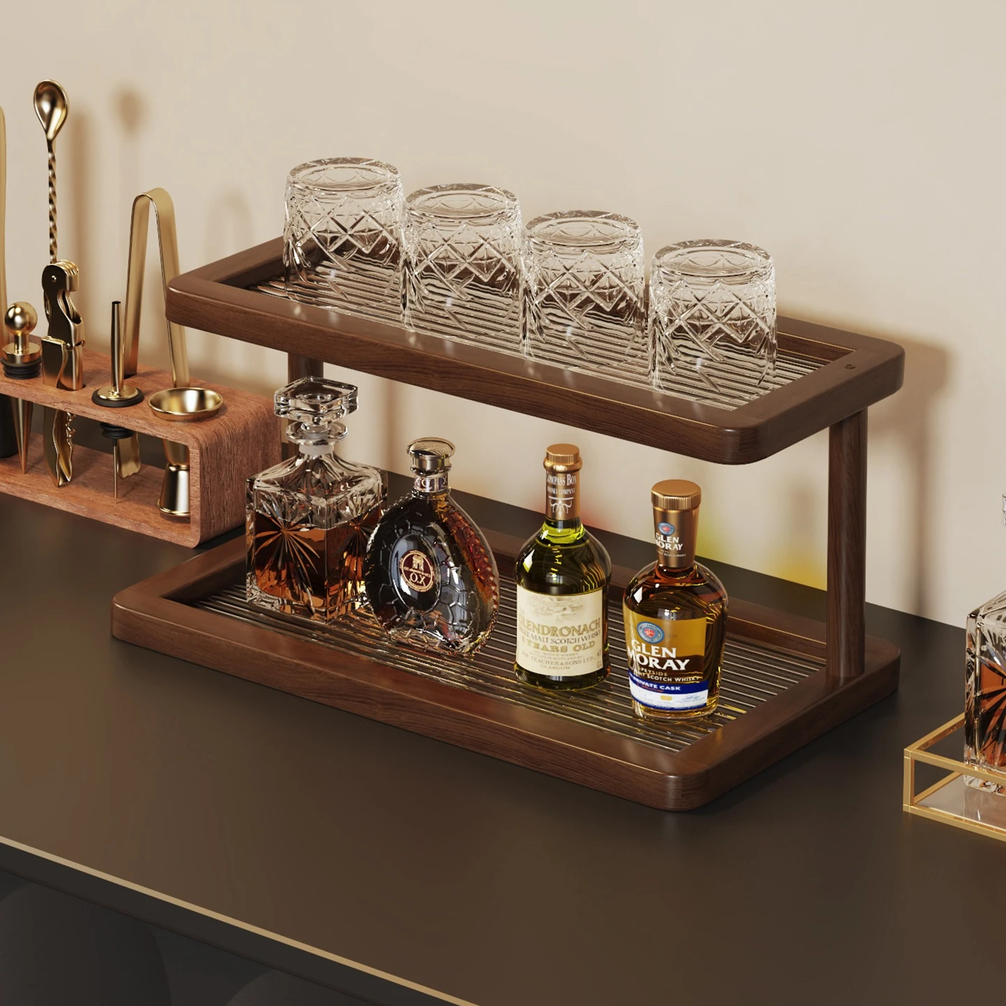 Ultra Extra Large Premium Sturdy Double-Layer Cup & Glass Rack with Tray, Countertop Organizer for Coffee, Tea, and Kitchen
