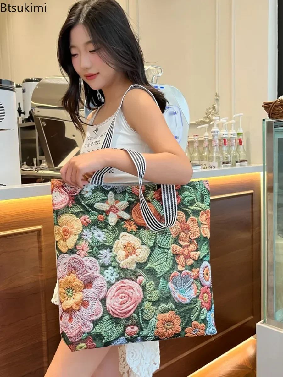 Retro Embroidery Women Handbags Ethnic Style Canvas Shoulder Bag Portable Work Casual Tote Bag Large Capacity Fashion Tote Bags