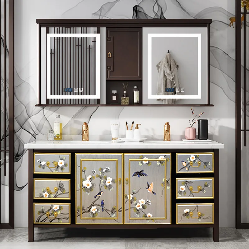 

New Chinese bathroom cabinet painted solid wood American country floor double basin washbasin toilet marble washbasin