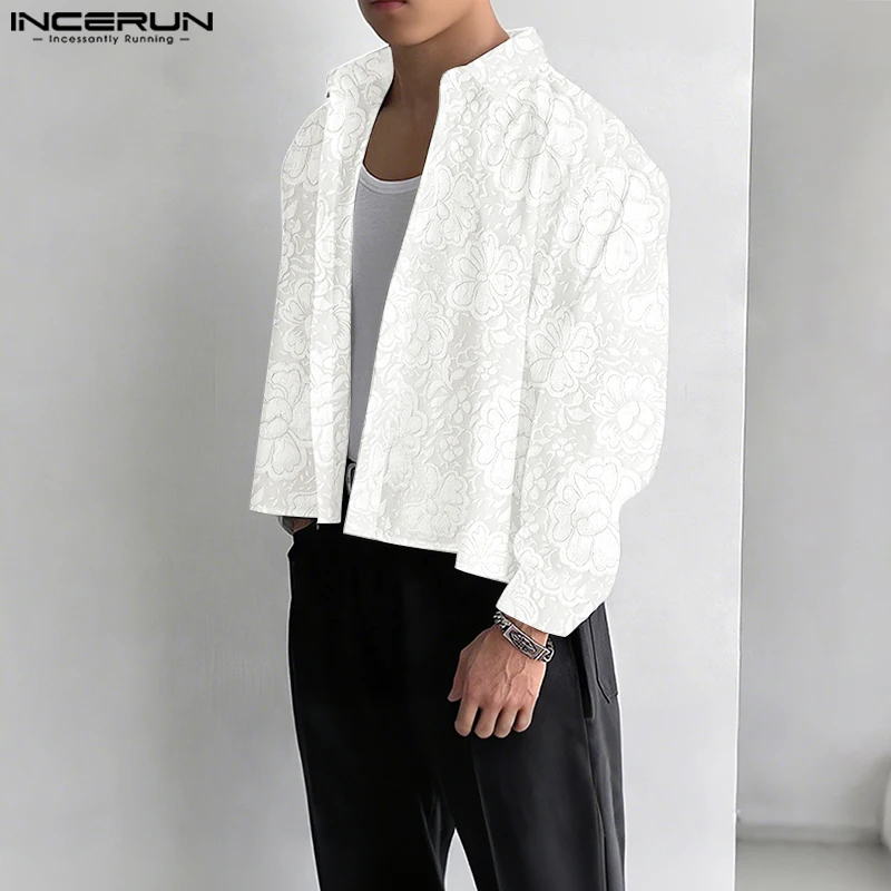 

INCERUN Мужская рубашка с жаккардовыми лацканами и длинными рукавами, свободные укороченные топы, мужская одежда, уличная одежда, 2025 г., корейский стиль, модные повседневные рубашки для мужчин