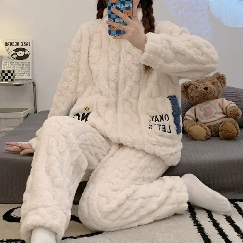 5XL Plus Size Winter Coral Fleece Thickened Pajamas Women\'s Korean Sweet Zip-up Flannel Warm Home Wear Loungewear Trouser Suit