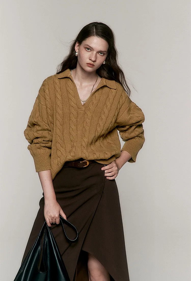 Women's 100% cashmere pullover casual solid color sweater POLO neck Blouse thick warm Jumper fashion big twist loose Tops