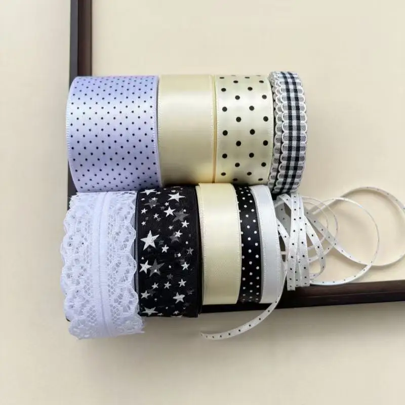 10-teiliges Set aus schwarz-weiß gepunkteten und sternförmigen Spitzenbändern, Geschenkverpackung für Bars, DIY-Verpackung, Hängematerial-Paket – Detail 4