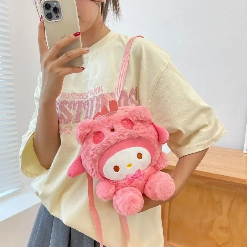 MBTI Pink Melody Womens Backpack Small Plush Children Cartoon Cute Backpack Lolita Jk Kuromi Kawaii Harajuku Fluffy Shoulder Bag