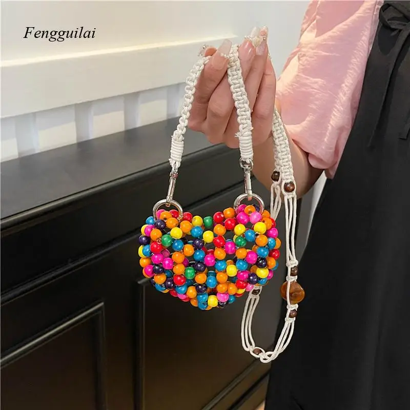 

Summer Woven Small Bag 2025 New Forest Sweet Girl Fashionable Hollow Out Colored Bead Single Shoulder Crossbody Love Bag