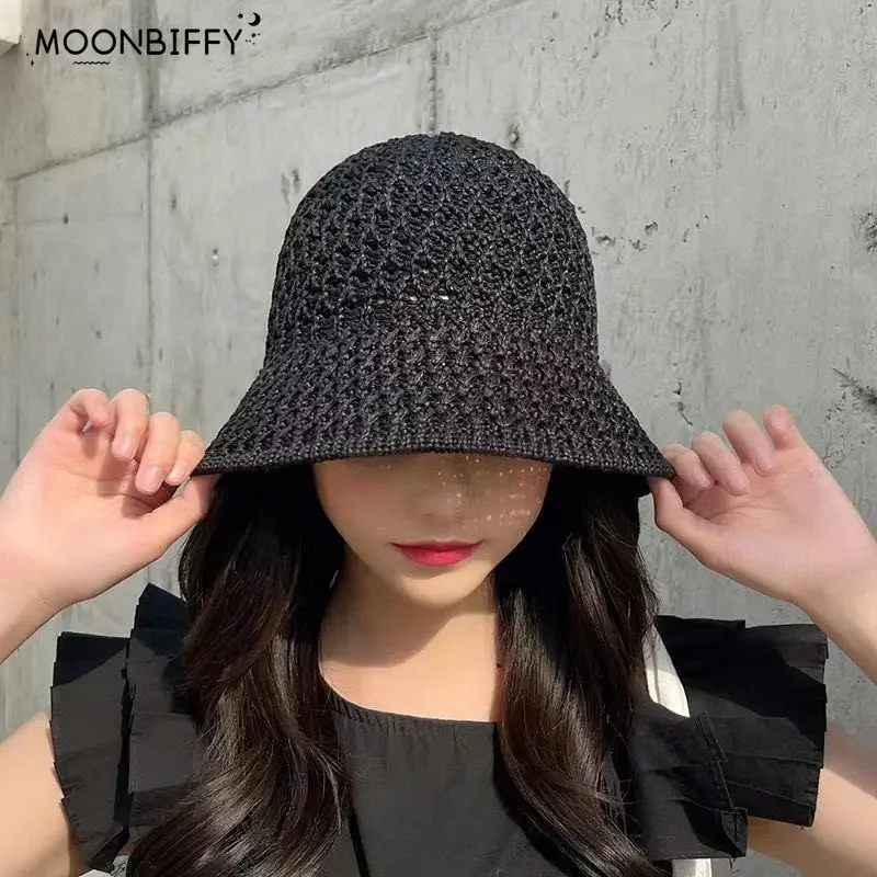 2023 New Solid Handmade Crochet Floppy Top Summer Hats for Women Hollow Out Knit Dome Bucket Hat Wide Brim Foldable Beach Caps