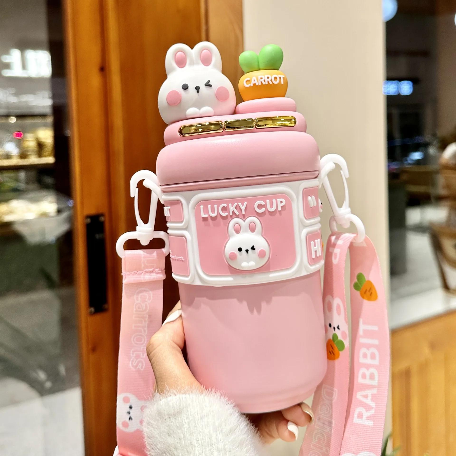 Cute Rabbit Bear Thermos Double Drinking Straw Tumbler Water Bottles For Boys and Girls Portable Children's Drinking Water Cup