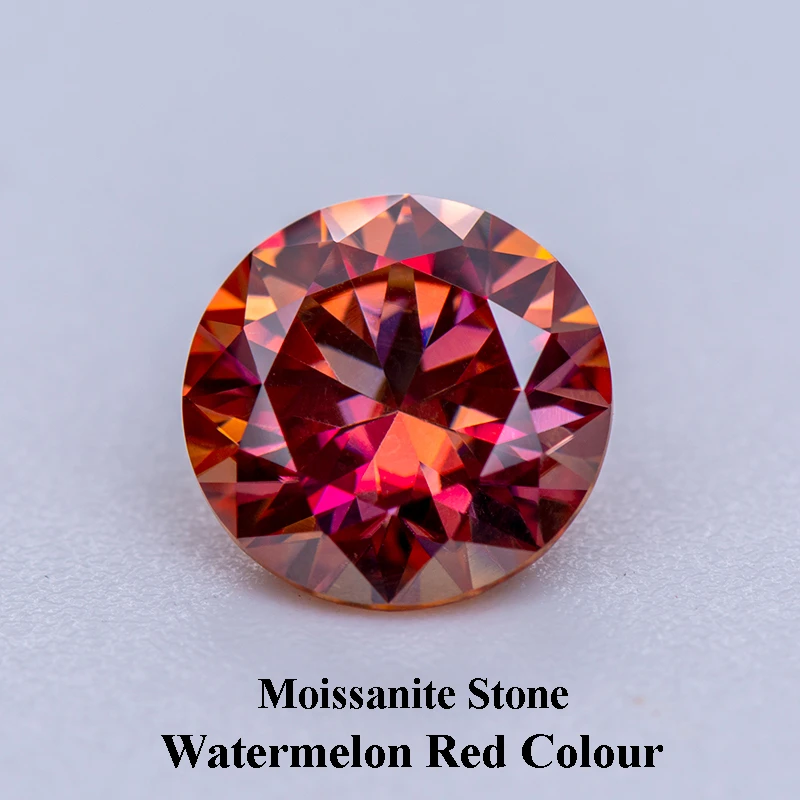 Moissanite Stone Round Cut Watermelon Red Colour Lab Created Synthetic Gemstone Passed Diamond Tester with GRA Certificate