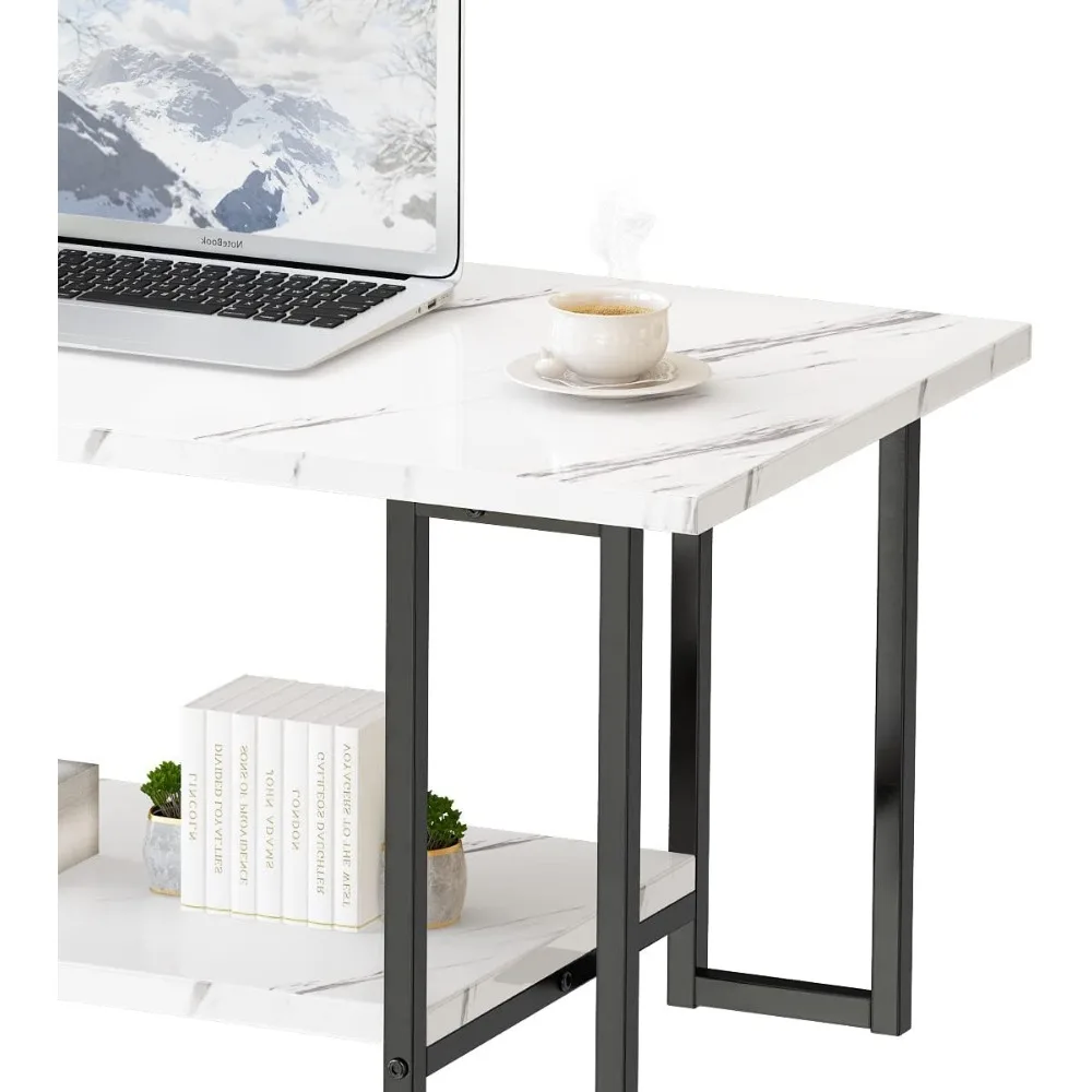 Marble Coffee Table, Faux Marble Top Rectangular Coffee Table with Metal Frame, 2 Tier Living Room Table for Living Room, Office