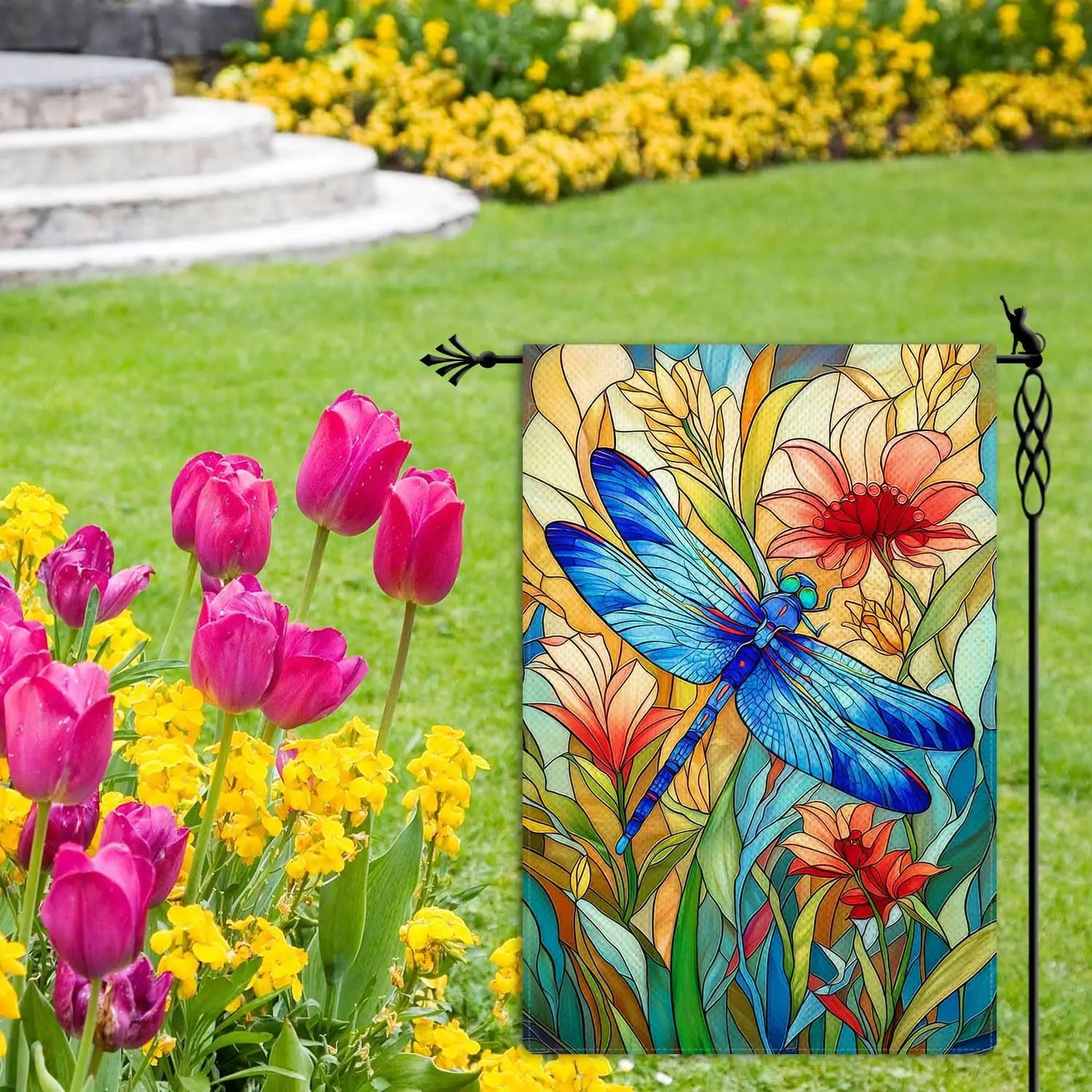 Stained Glass Style Dragonfly Garden Flag Spring Summer Garden Flag Vertical Double Sided Rustic Farmland Burlap Yard Lawn O MMZ