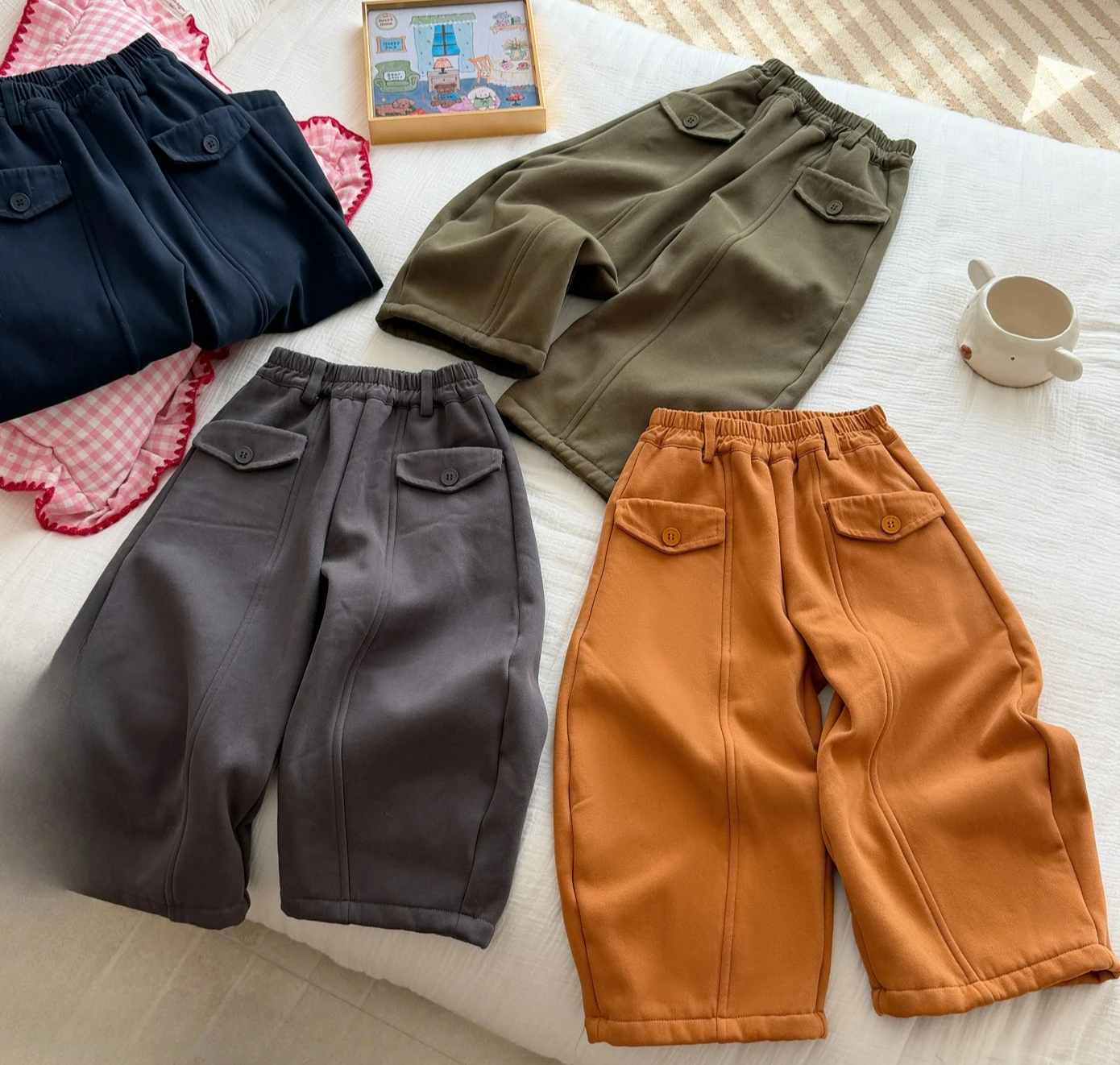 2026 Autumn and Winter Girls' Warm and Plush Thick Elastic Waist Bending Knife Work Pants
