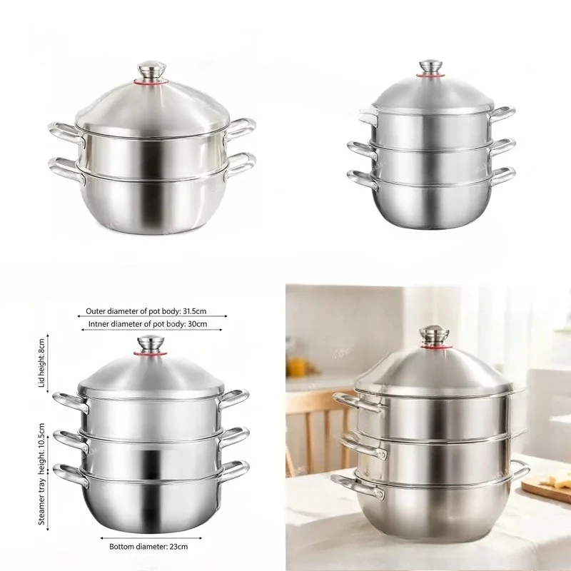 Thickened Three Layer Steel Pot Steamer 4L Capacity Non Stick Soup Pot Suitable For Induction Cooker And Gas Stove Kitchen