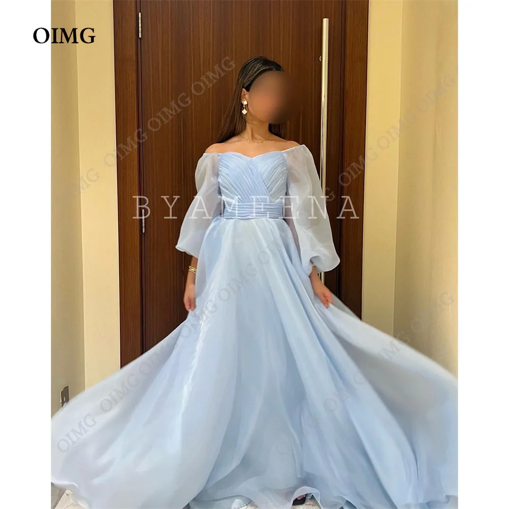 

OIMG Sky Blue Organza Long Cocktail Party Dresses Off Shoulder Full Sleeves Prom Dress Custom Women Bodycon Evening Party Gowns