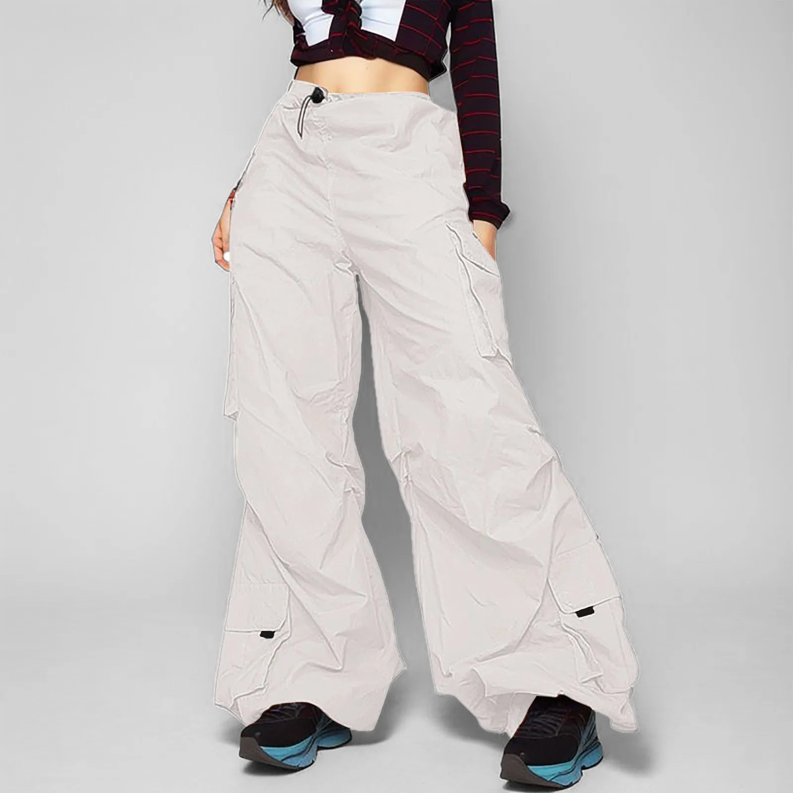 

Women's Casual Streetwear Cargo Pants Y2K Loose Solid Color Drawstring Elastic Waist Pants Vintage Wide Leg Thin Mop Pants