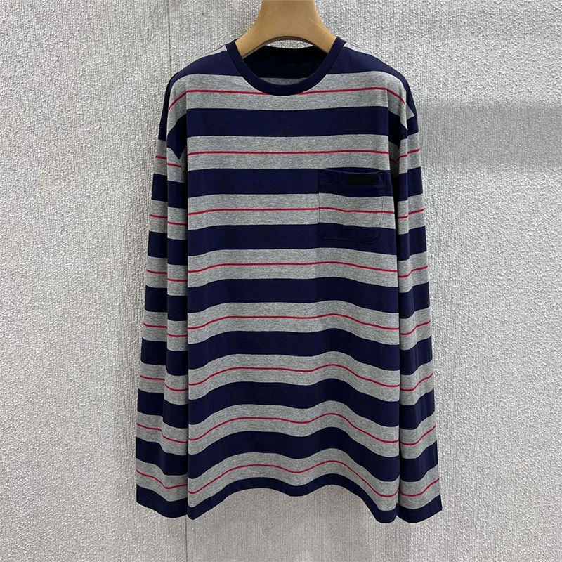 

Высококачественная женская футболка из хлопка с длинными рукавами, трехцветными полосками и круглым вырезом на все сезоны 25909199