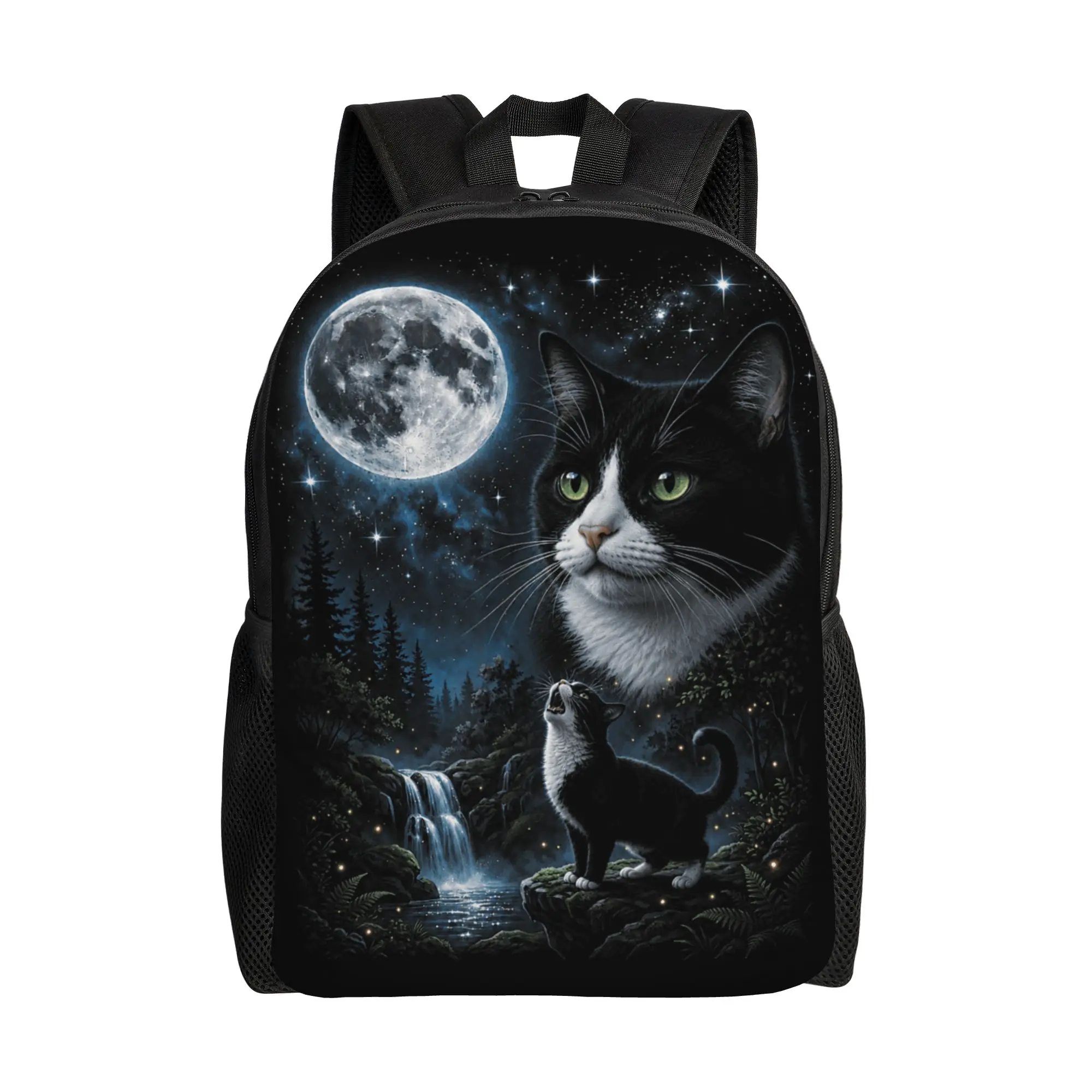 Tuxedo Howling at Moon 90’s Retro Nature Forest Cat Lovers Backpack  Outdoor Style Backpacks Youth Designer High School Bags