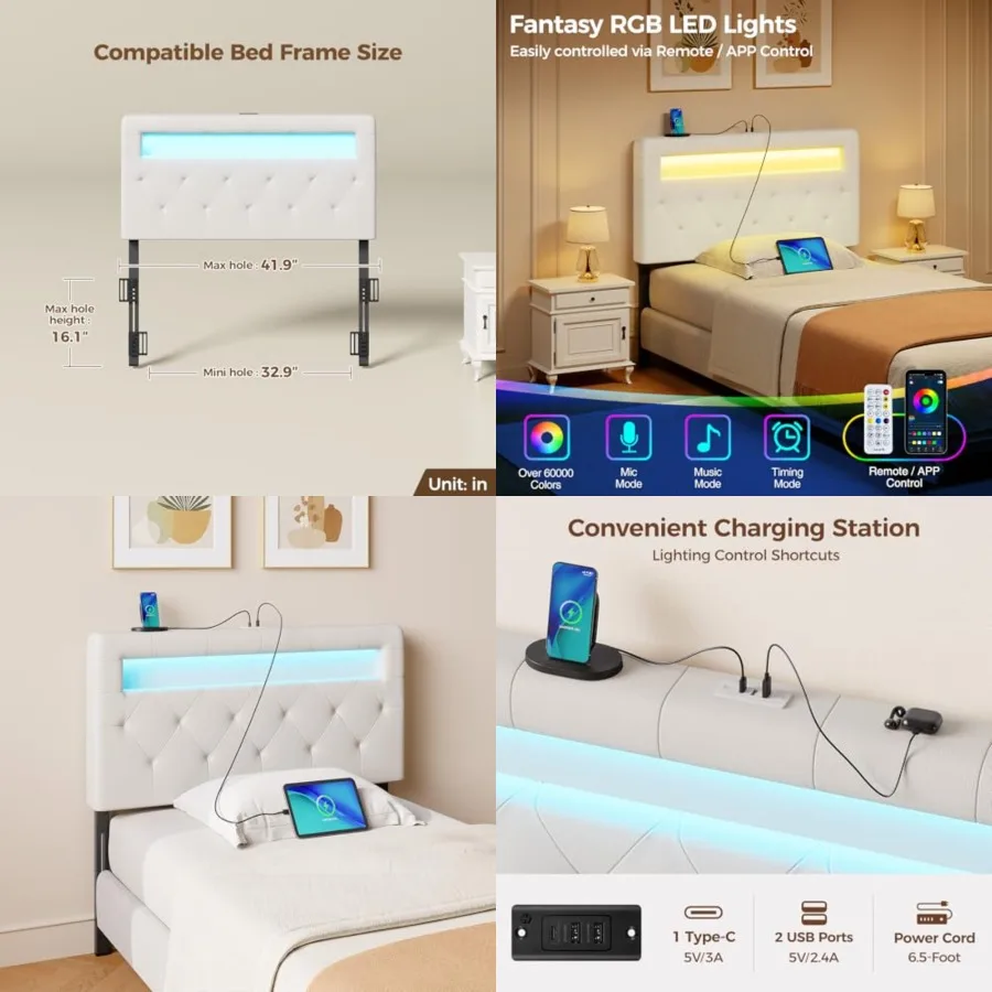 

Headboard for Twin Size Bed with 60, 000 DIY Color of LED Light, USB and Type C Post, Upholstered, Height Adjustable, Sturdy, E