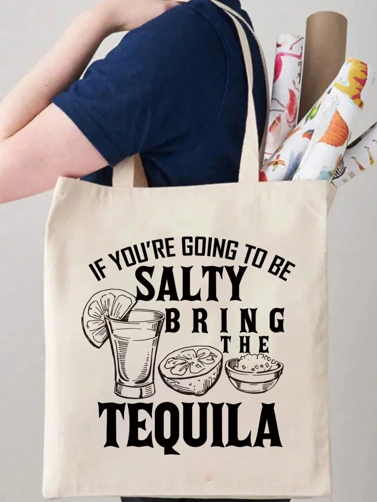 1pc Salty Tequila Pattern Tote Bag Canvas Shoulder Bag For Travel Daily Commute Women's Reusable Shopping Bag