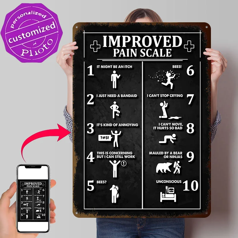 Improved Pain Scale Funny 3D Texture Metal Poster Customized Wall Art Tin Sign Gift for Mancave Decoration Bedroom Accessories
