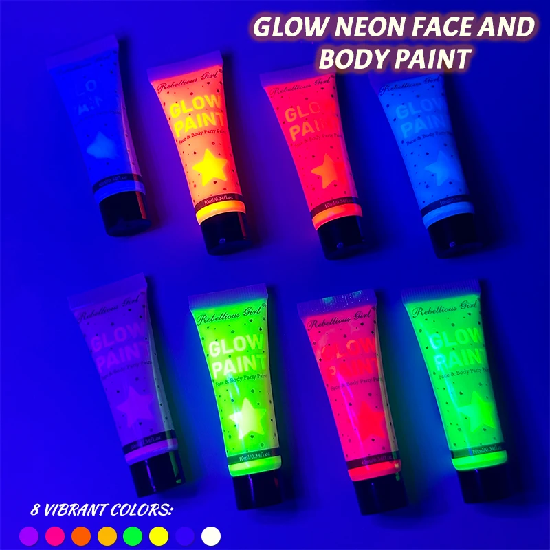 8 Uds. Pintura facial y corporal con brillo UV de 10ml, maquillaje fluorescente para fiestas para carnaval, discotecas, electroerosión, secado rápido y duradero
