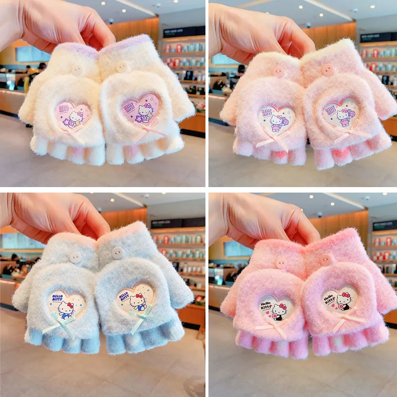 

6-12years for Hellokitty Flip-up Gloves Child Kuromi Toddler Knitted Gloves Outdoor Keep Warm Flip-up Gloves Girl Christmas Gift