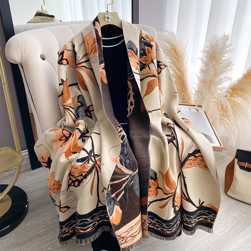 

Роскошный двусторонний шарф с цветами для женщин, теплые зимние шарфы из пашмины, шали, женские кашемировые толстые одеяла, платок