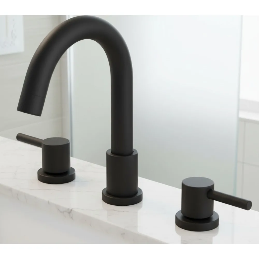 

Modern 8 Inch Widespread Bathroom Faucet 3 Hole Matte Black 360° Swivel Spout Dual Handle Basin