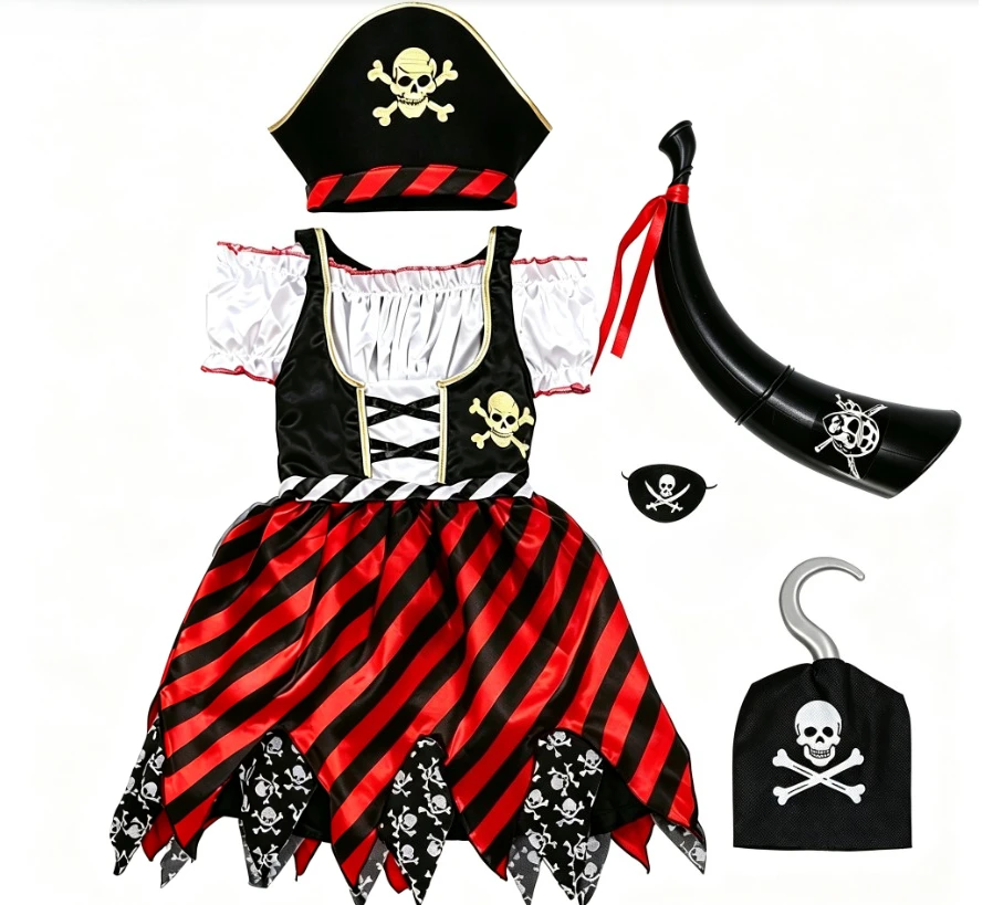 Halloween Pirate Theme Party Stage Performance Role Play Tutu Dress Skull Print Striped Fringe With Pirate Hat Eye Patch Outfit