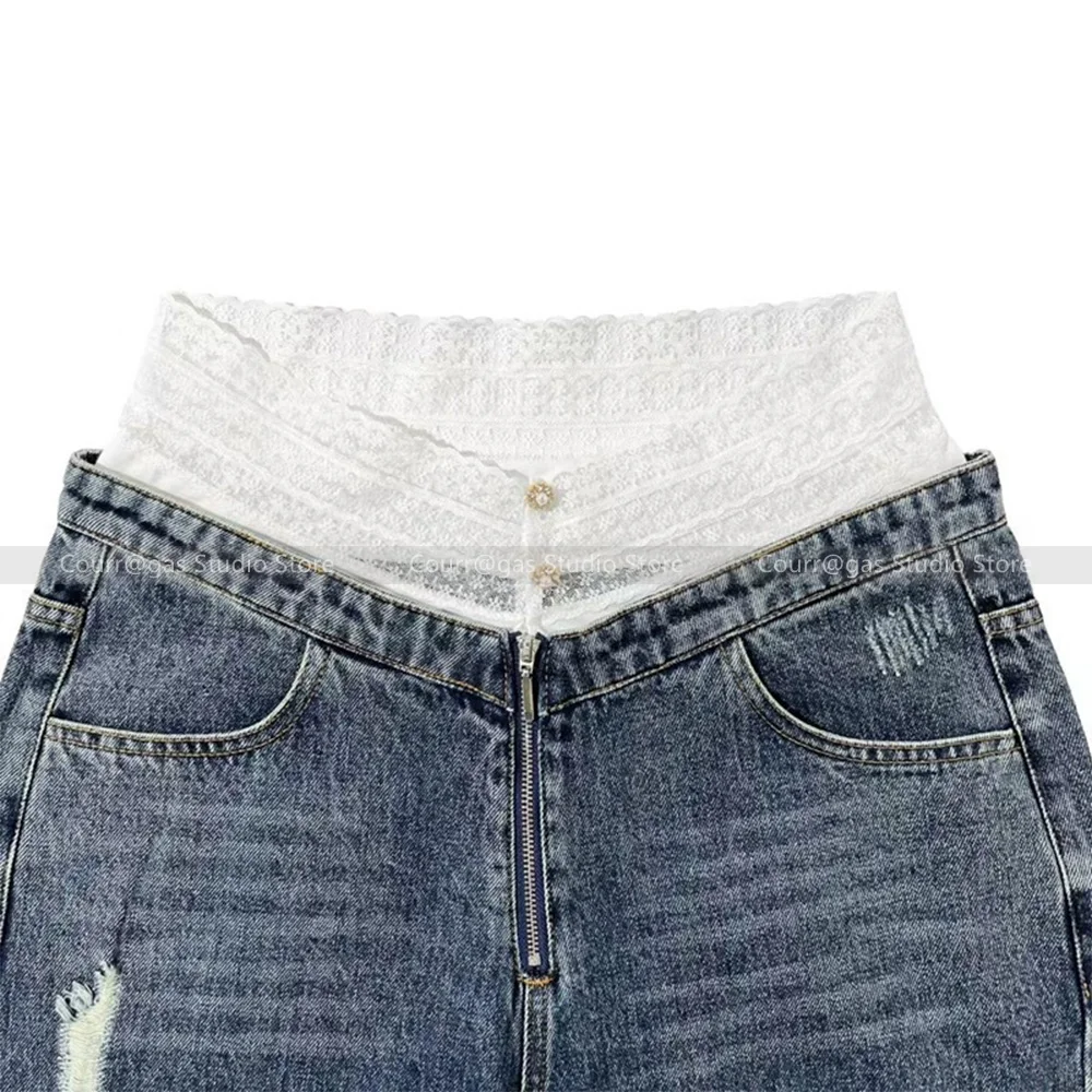 Amerikaanse Retro 2024 Vroege Lente Nieuwe Hoge Taille Strik Kant Splitsen Taille Gebroken Gaten Franje Wijde Pijpen Jeans Vrouw