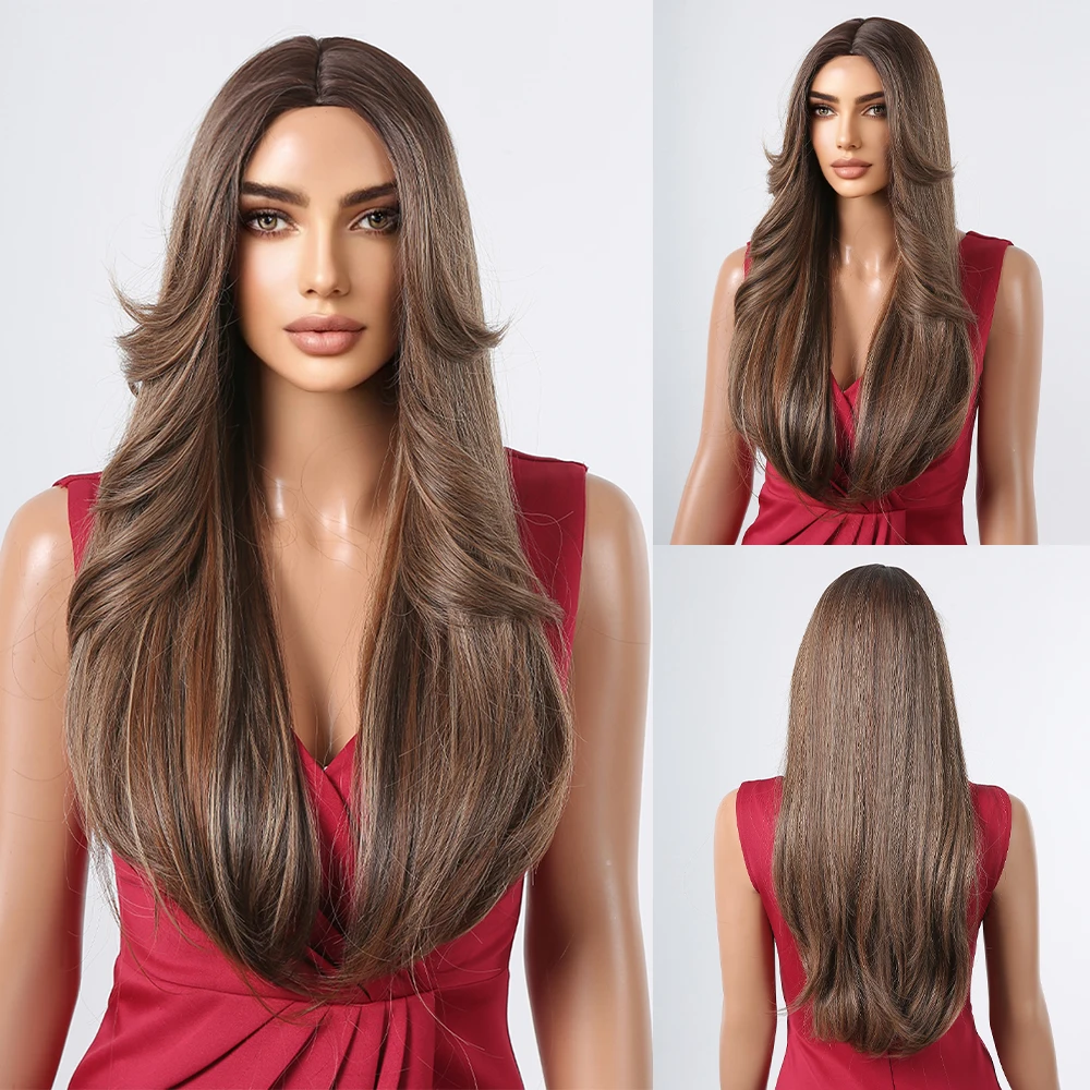 Brown Natural Long Straight Synthetic Hair Wig Middle Part Brown Mixed Color Wigs for Women Daily Party Use Heat Resistant Fiber