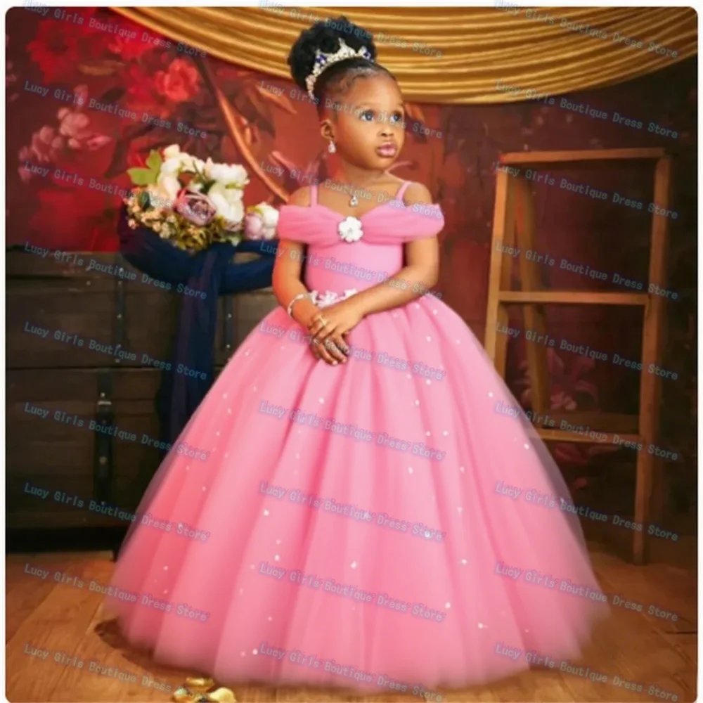 Elegant Flower Girl Dress Adorable Burgundy Pearl Spaghetti Straps Wedding Tulle Toddler Beauty Pageant Child Birthday Dresses