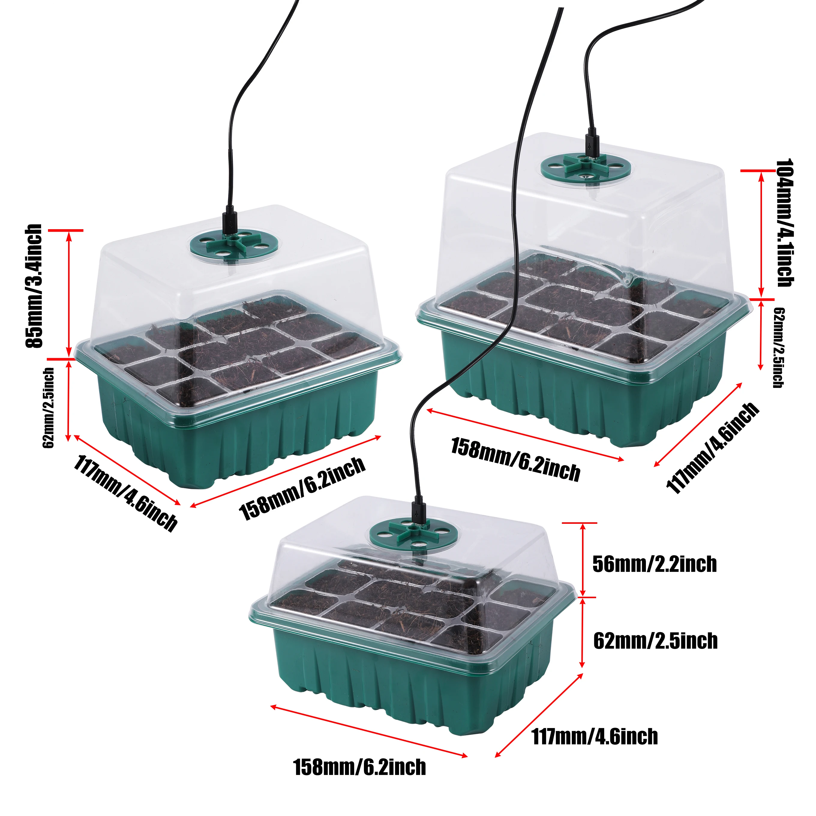 5 Pack/Set Seed Starter Tray Plant Seedling Starter with Grow Light Humidity Domes Mini Greenhouse Seed Growing 60 Cell Per Tray