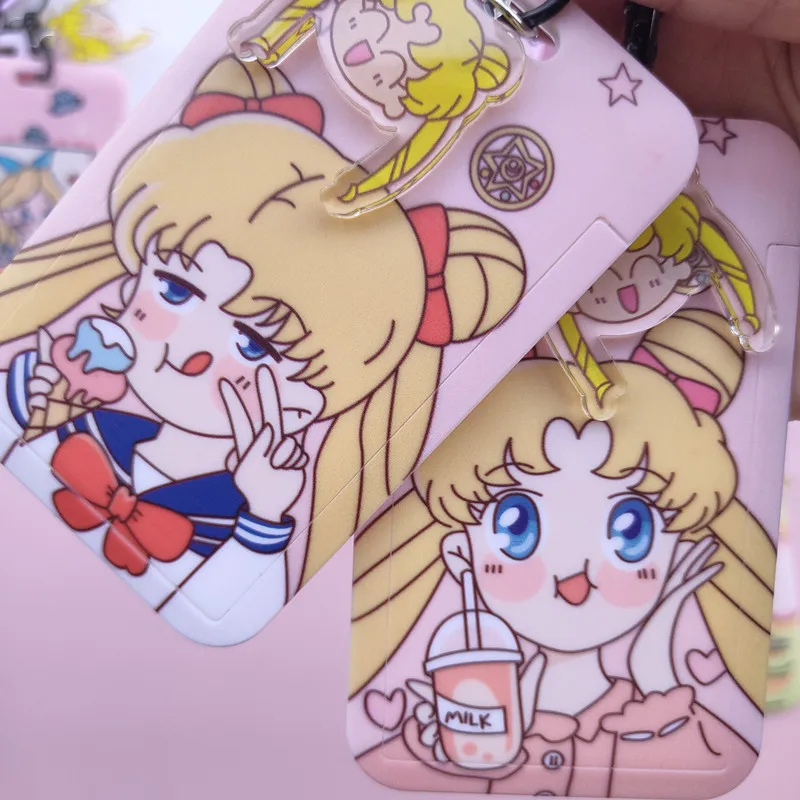 POP MART Sailor Moon Cartoon PVC Card Cover Student Campus Hanging Neck Bag Card Holder Lanyard ID Card Holders key chain Z3