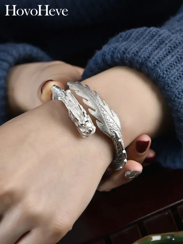 Ethnic Style Handmade 999 Sterling Silver Bracelet Solid Dragon Head Vintage Fine Jewelry Customized Adjustable Cuff Bracelet