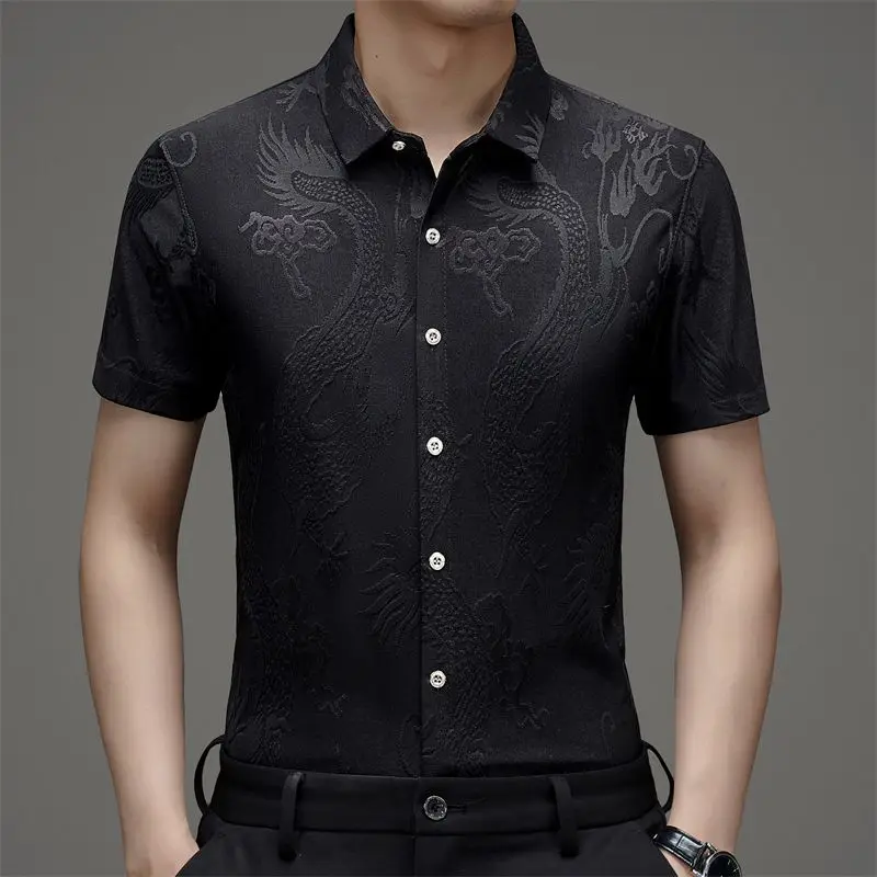 Men's Clothing Summer Turn-down Collar Button Embroidered Geometric Shaped Short Sleeve Cardigan Shirt Casual Retro Fashion Tops