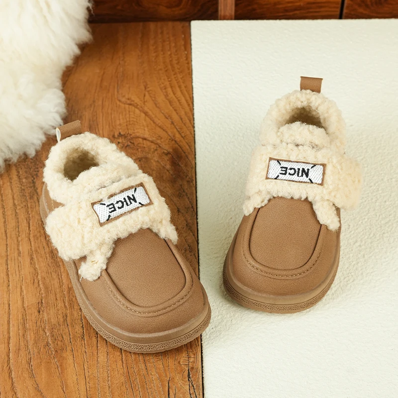 Kids Fuzzy Fleece Lined Winter Casual Shoes, Plush Magic‑Tape Strap Soft PU Upper Non‑Slip Warm Flat CottonToddler Boys Girls