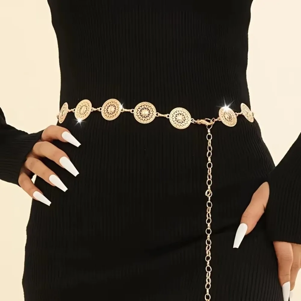 

Elegant Round Hollow Waist Chain Metal Sheet Chain Adjustable Length Chain Belt Bohemian Belt Women