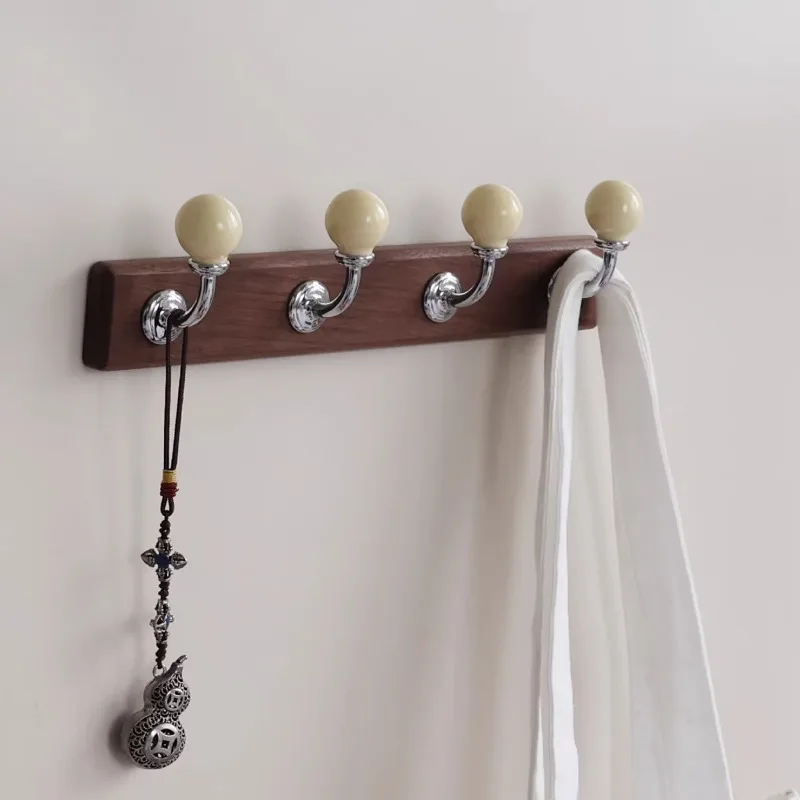 Mid-Century Walnut Wall Hooks Vintage Solid Wood Coat Rack with Round Ball Hooks Entrance Clothing