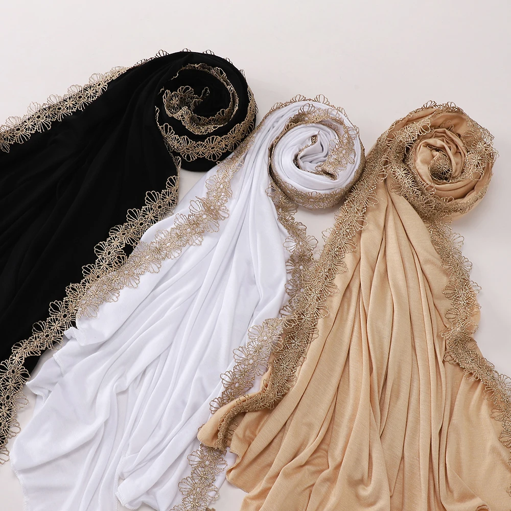 Premium Golden Lace Edge Hijab Jersey Fabric Hijab Modest Muslimah Daily Head Scarf Women Headscarf Solid Shawl Wrap
