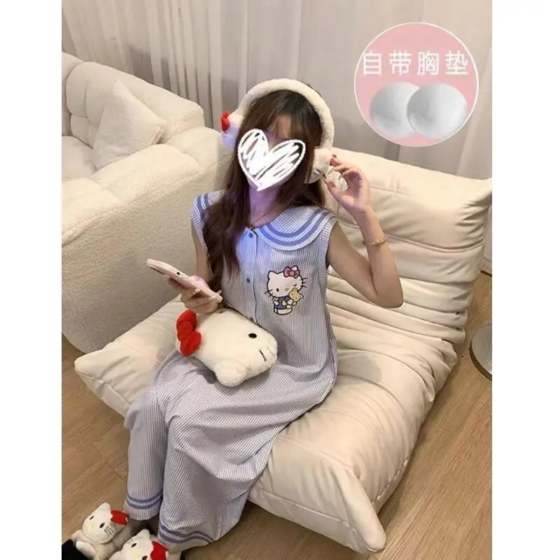 

Милая ночная юбка Kitty Cat, ночная юбка с длинными рукавами, полосатая пижама, женская осенняя свободная стильная домашняя одежда, ночная юбка