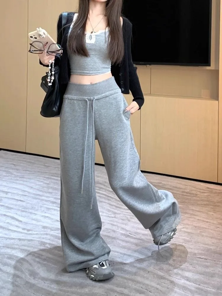 Damen-Sweatpants mit hoher Taille und geradem Bein, gerippter Bund, amerikanische Freizeitmode, weite Beine, angenehmes Tragegefühl, Sportmode – Detail 9