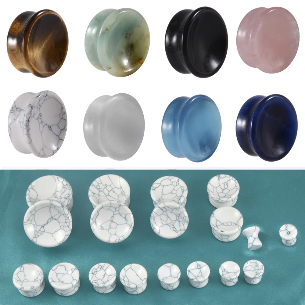 1-2 Stück bunte, doppelt geschlitzte, konkave Ohrstecker & Tunnel aus Stein – Katzenauge / Amethyst-Kristall Ohrgewichte, verstärkte Piercing-Ohrringe