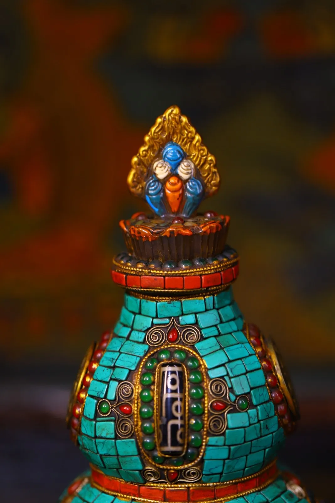 Crystal Gem gZi Beads Turquoise Vajra Pattern Calabash Town house Gourd Amulet