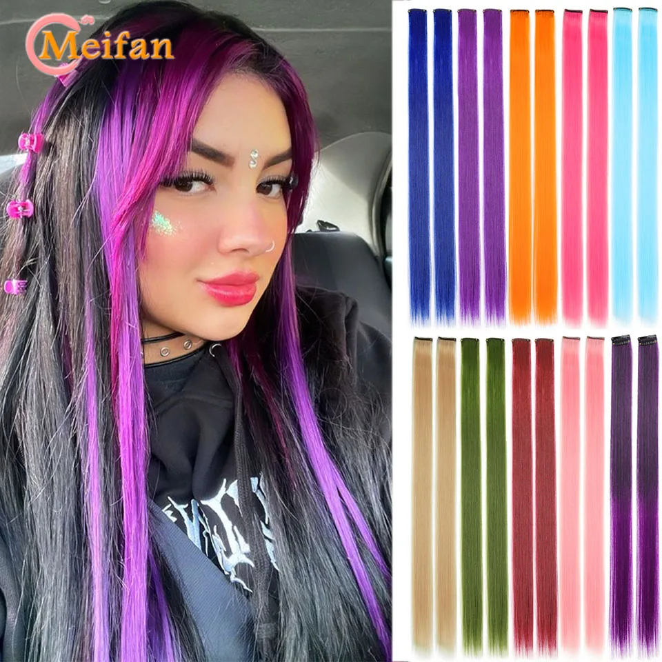 

Long Straight Highlights Colored Hair Synthetic Clip in Hair Extensions Rainbow Hairpieces for Girls Christmas New Year Cosplay