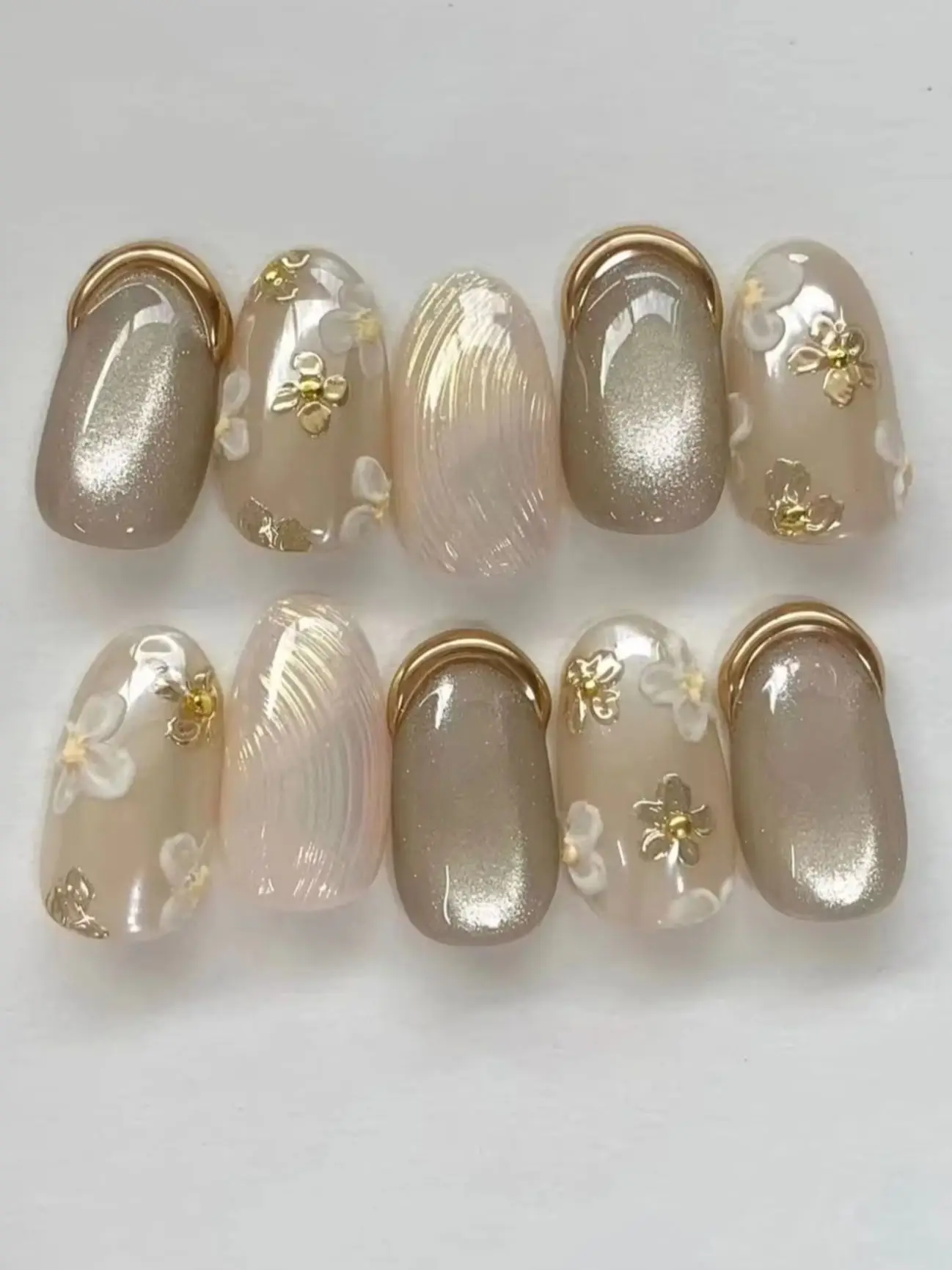 10-Piece Set of Bridesmaid Wedding Luxury Nude Nails, Handcrafted with Iridescent Shell Texture, Fine Shimmering Pearlescent Effect