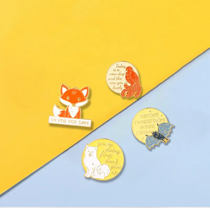 Enamel Pins Fox Bat Dog Bird Bag Brooch Lapel Badge Cartoon Jewelry Gift for Kids Friends Animal Quotations Monologue