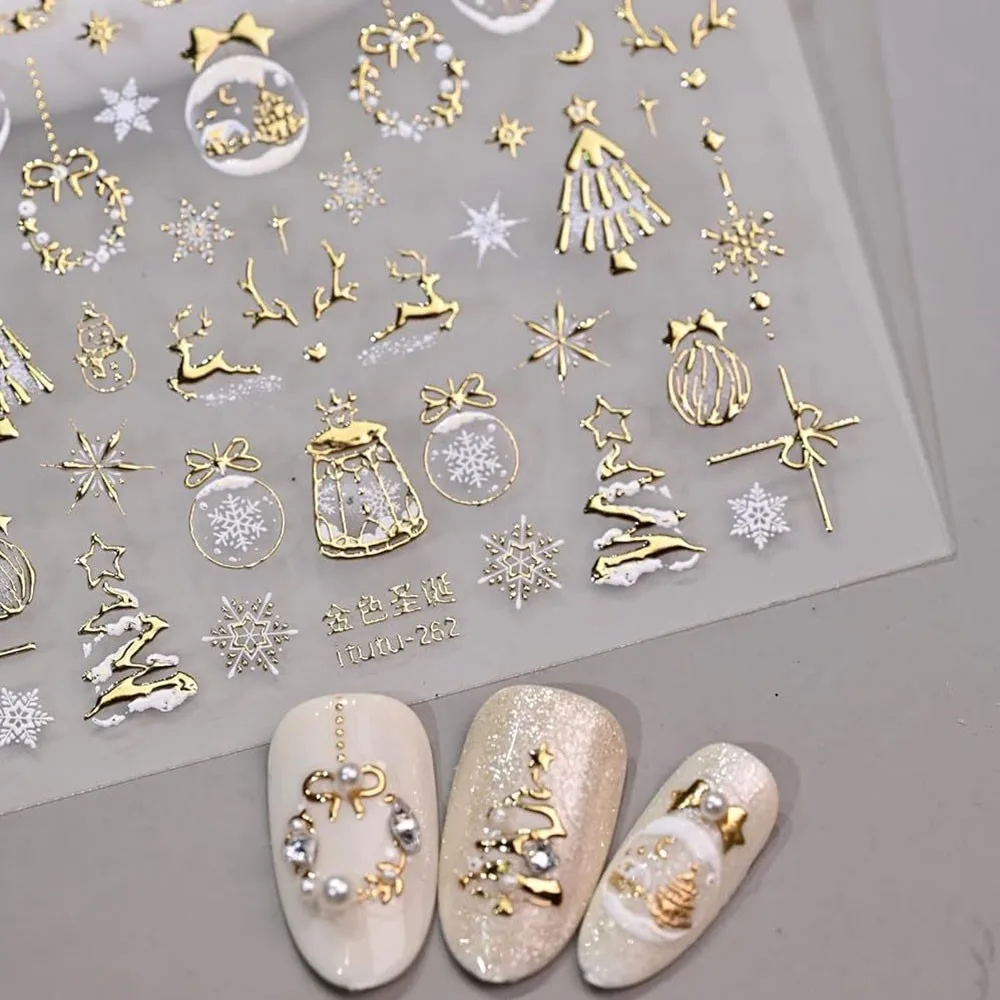 1pcs 5D Embossed Gold Christmas Crystal Ball Wreath Nail Sticker Shiny Bronzing Snowflake Snowman Nail Decals Xmas Nail Decor #7