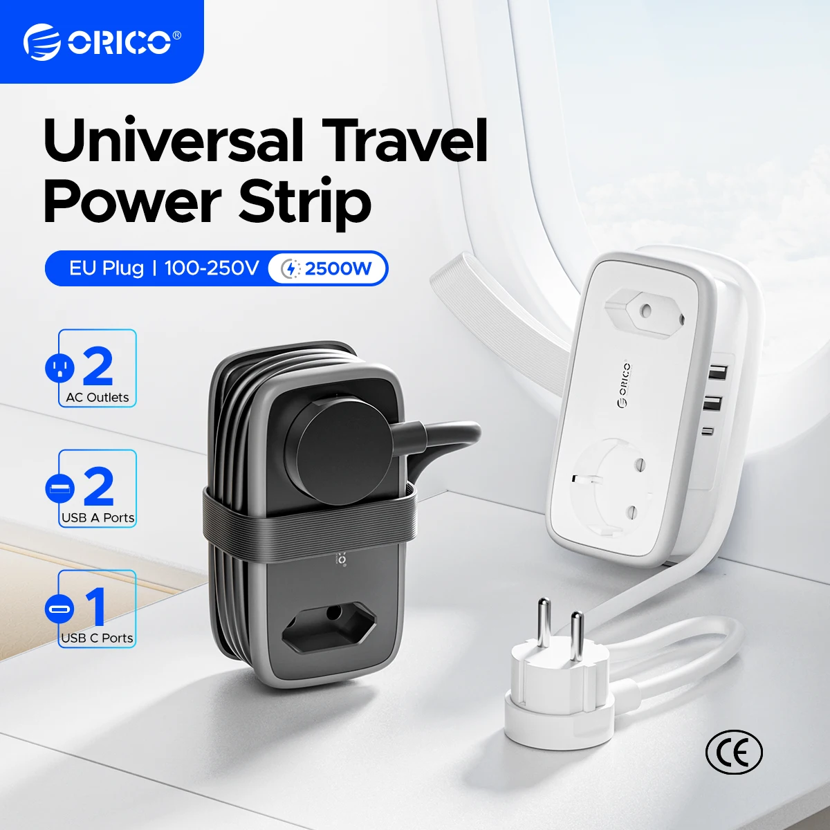 

ORICO EU Plug Power Strip with 2AC 3USB Port with 1.1M Extension Cable 5-In-1Travel Smart Socket for Home/Travel Save Space